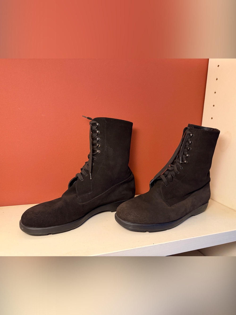 Prada Black Suede Lace-up Ankle Boots lined with soft Black Shearling